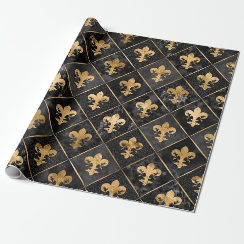 Fleur_de_lis pattern Black Marble and Gold Wrapping Paper