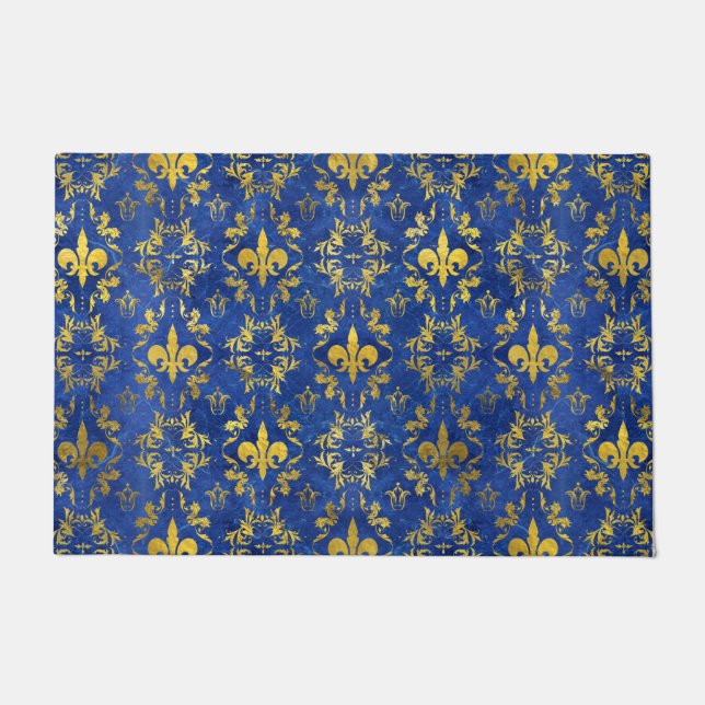 Fleur-de-lis pattern blue marble and gold doormat (Front)