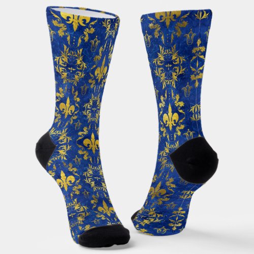 Fleur_de_lis pattern blue marble and gold socks