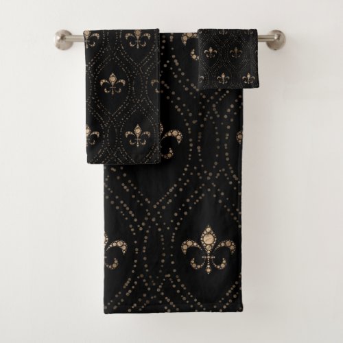 Fleur_de_lis pattern dot art black and gold bath towel set