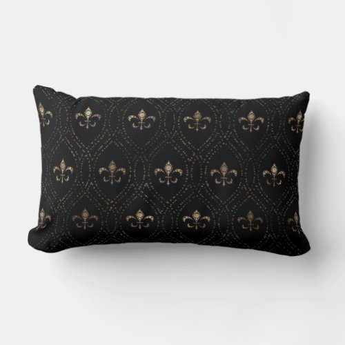 Fleur_de_lis pattern dot art black and gold lumbar pillow