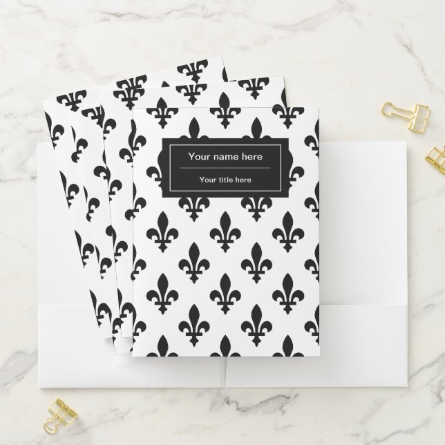 Fleur de Lis Pattern, French, Royal, Black Pocket Folder (In Situ)