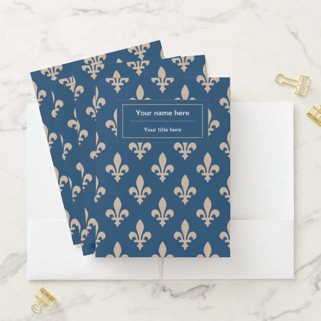 Fleur de Lis Pattern, French, Royal, Cream, Blue Pocket Folder (In Situ)