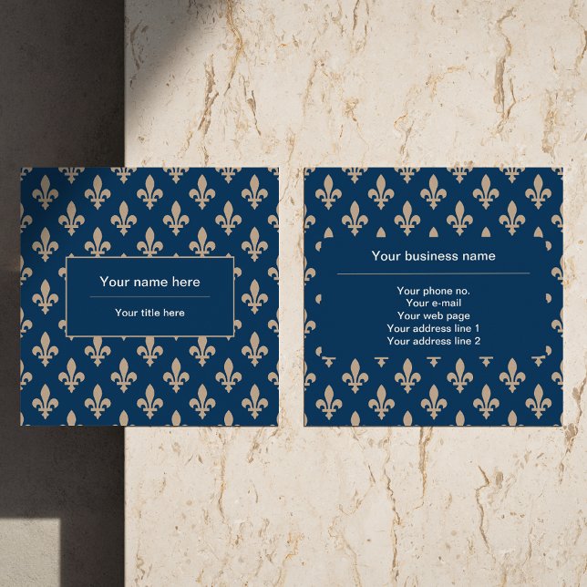 Fleur de Lis Pattern, French, Royal, Cream, Blue Square Business Card (Creator Uploaded)