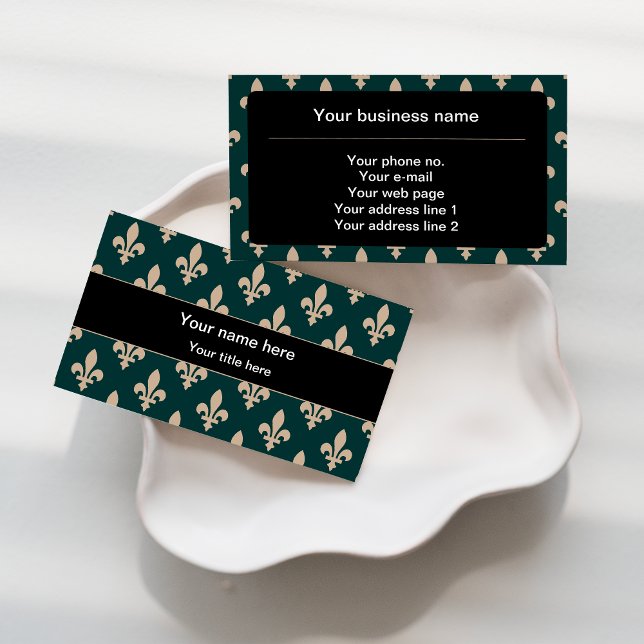 Fleur de Lis Pattern, French, Royal, Cream, Green Business Card (Creator Uploaded)