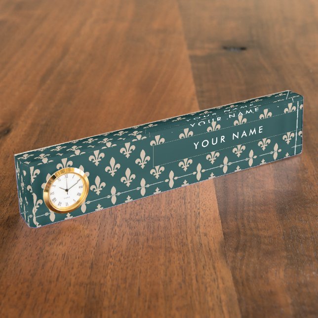 Fleur de Lis Pattern, French, Royal, Cream, Green Desk Name Plate (Side)
