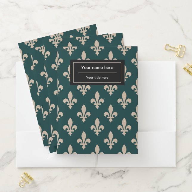 Fleur de Lis Pattern, French, Royal, Cream, Green Pocket Folder (In Situ)