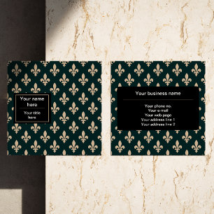 Fleur de Lis Pattern, French, Royal, Cream, Green Square Business Card