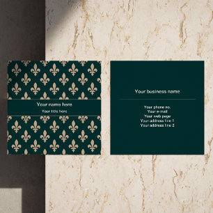 Fleur de Lis Pattern, French, Royal, Cream, Green Square Business Card