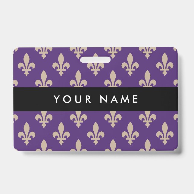 Fleur de Lis Pattern, French, Royal, Cream, Purple Badge (Front)