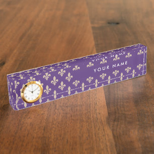 Fleur de Lis Pattern, French, Royal, Cream, Purple Desk Name Plate