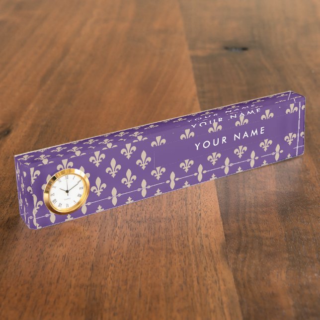Fleur de Lis Pattern, French, Royal, Cream, Purple Desk Name Plate (Side)