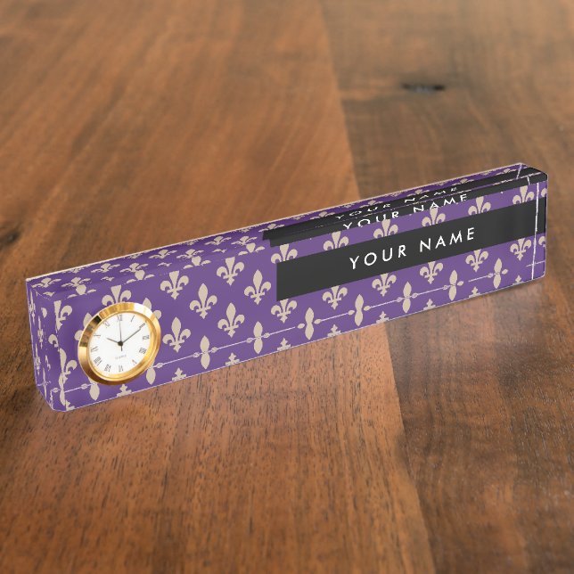 Fleur de Lis Pattern, French, Royal, Cream, Purple Desk Name Plate (Side)