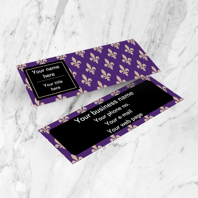 Fleur de Lis Pattern, French, Royal, Cream, Purple Mini Business Card (Creator Uploaded)