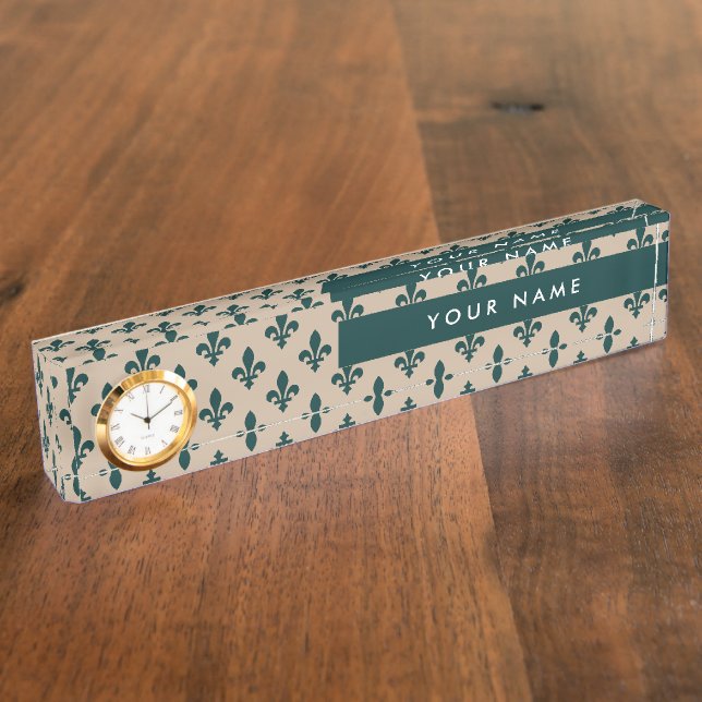 Fleur de Lis Pattern, French, Royal, Green Desk Name Plate (Side)