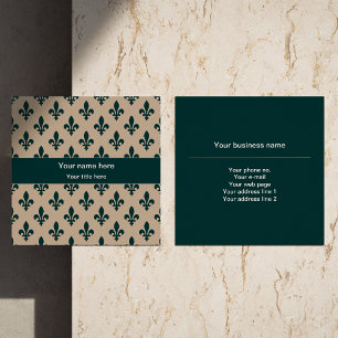 Fleur de Lis Pattern, French, Royal, Green Square Business Card