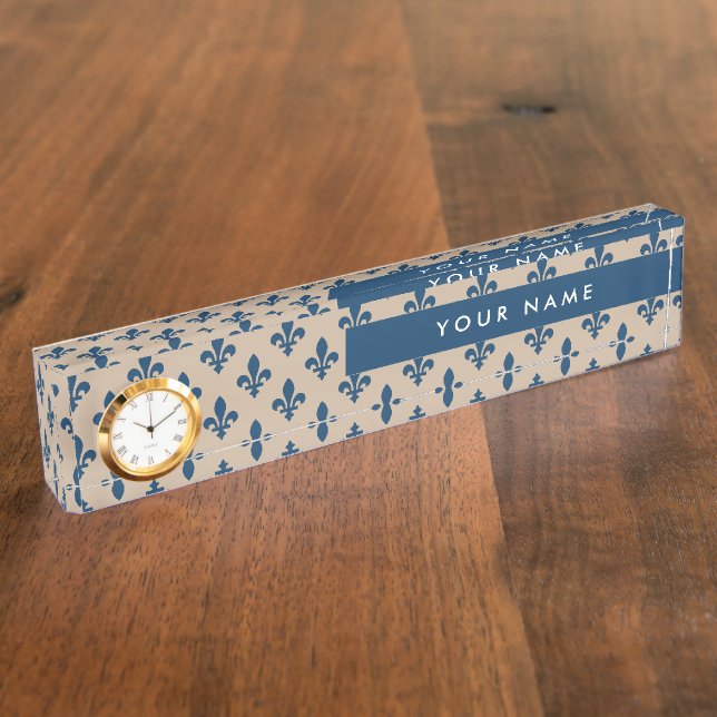 Fleur de Lis Pattern, French, Royal, Navy Blue Desk Name Plate (Side)