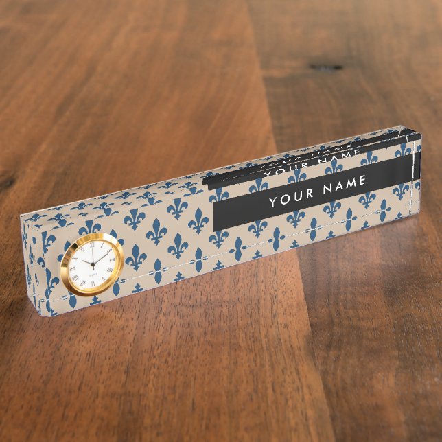 Fleur de Lis Pattern, French, Royal, Navy Blue Desk Name Plate (Side)