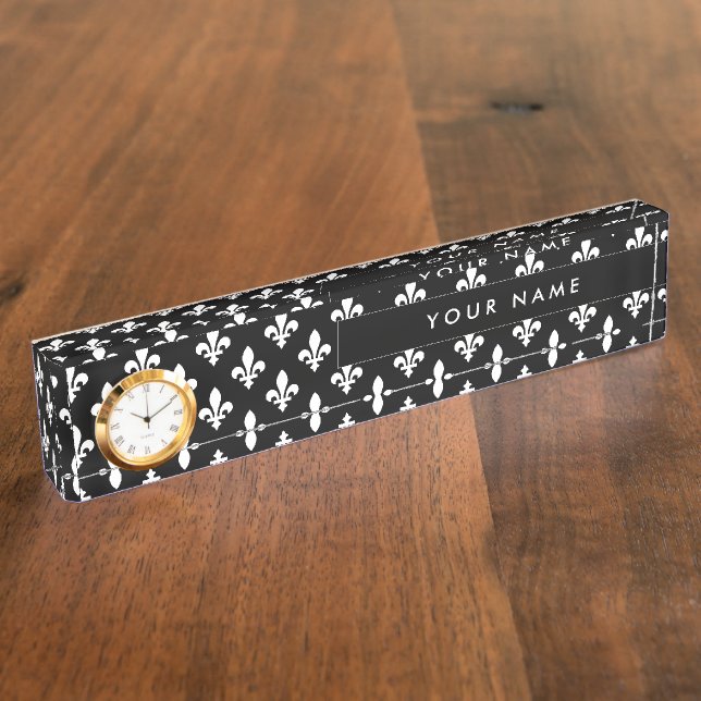 Fleur de Lis Pattern, French, Royal, White Desk Name Plate (Side)