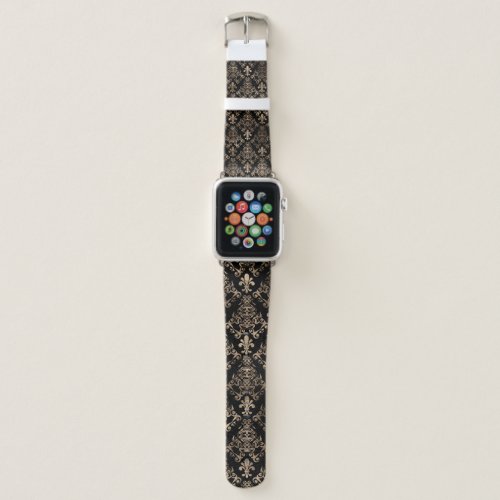 Fleur-de-lis pattern gold on black apple watch band