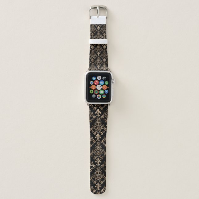 Fleur-de-lis pattern gold on black apple watch band (Front)