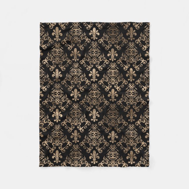 Fleur-de-lis pattern gold on black fleece blanket (Front)