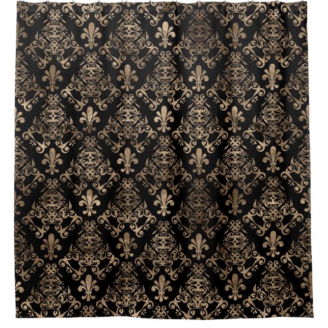 Fleur-de-lis pattern gold on black shower curtain (Front)