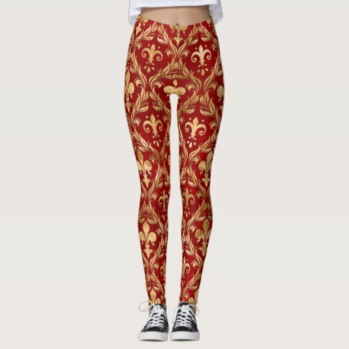 Fleur_de_lis pattern luxury red leggings