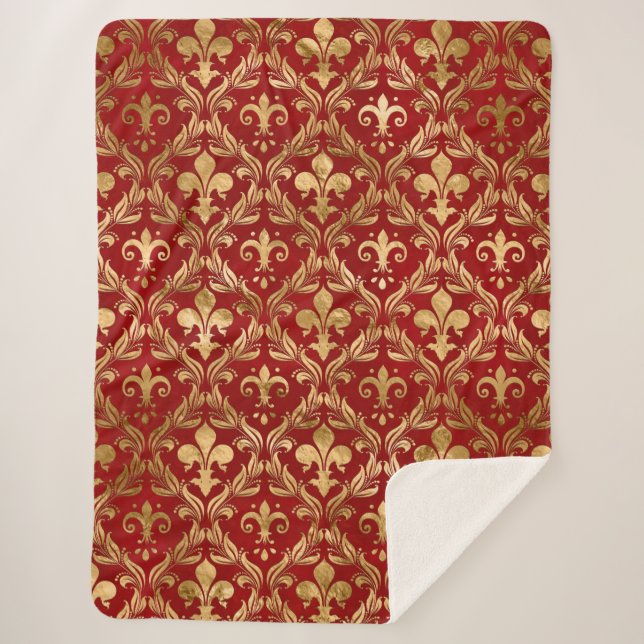 Fleur-de-lis pattern luxury red sherpa blanket (Front)