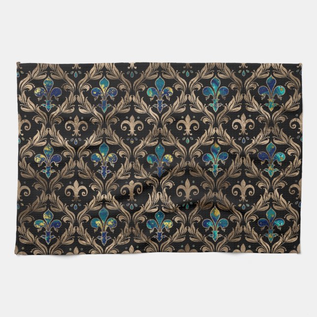 Fleur-de-lis pattern marble and gold kitchen towel (Horizontal)