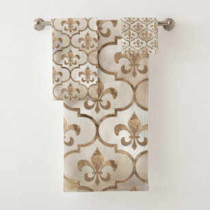 Fleur de lis Pattern – Neutral Brown and Biege Earth Tones Hand & Bath Towel  by Avenie