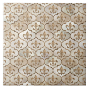 Fleur-de-lis pattern pearl and gold ceramic tile