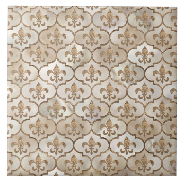 Fleur-de-lis pattern pearl and gold ceramic tile (Front)