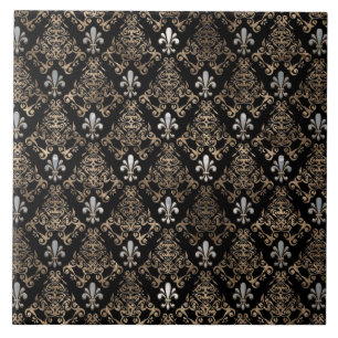 Fleur-de-lis pattern pearl and gold ceramic tile