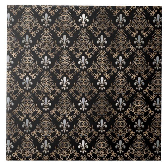 Fleur-de-lis pattern pearl and gold ceramic tile (Front)