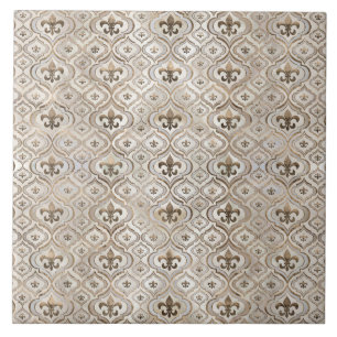 Fleur-de-lis pattern pearl and gold ceramic tile