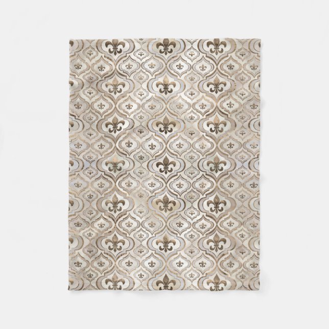 Fleur-de-lis pattern pearl and gold fleece blanket (Front)