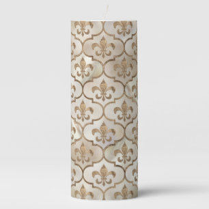 Fleur-de-lis pattern pearl and gold pillar candle