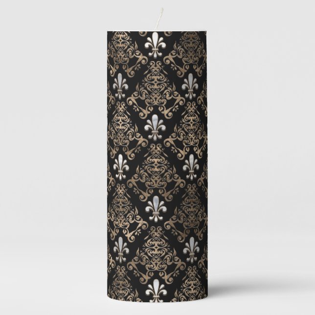 Fleur-de-lis pattern pearl and gold pillar candle (Front)