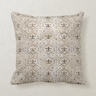 Fleur-de-lis pattern pearl and gold throw pillow