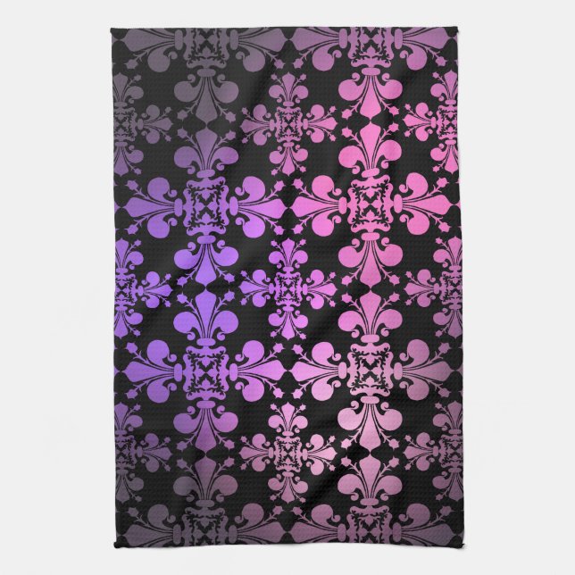 Fleur de lis pattern pink purple black towel (Vertical)