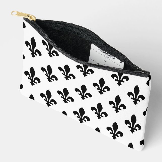 Fleur de Lis Pattern, Royal French, Black on White Accessory Pouch (Open)