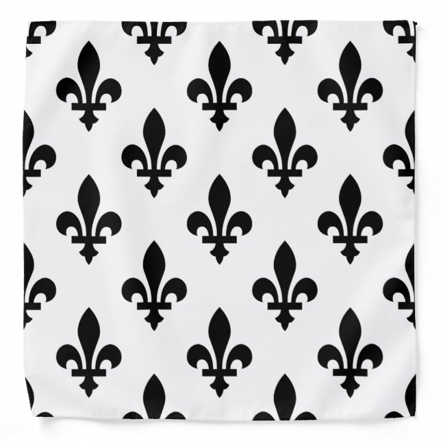 Fleur de Lis Pattern, Royal French, Black on White Bandana (Front)