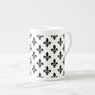 Fleur de Lis Pattern, Royal French, Black on White Bone China Mug
