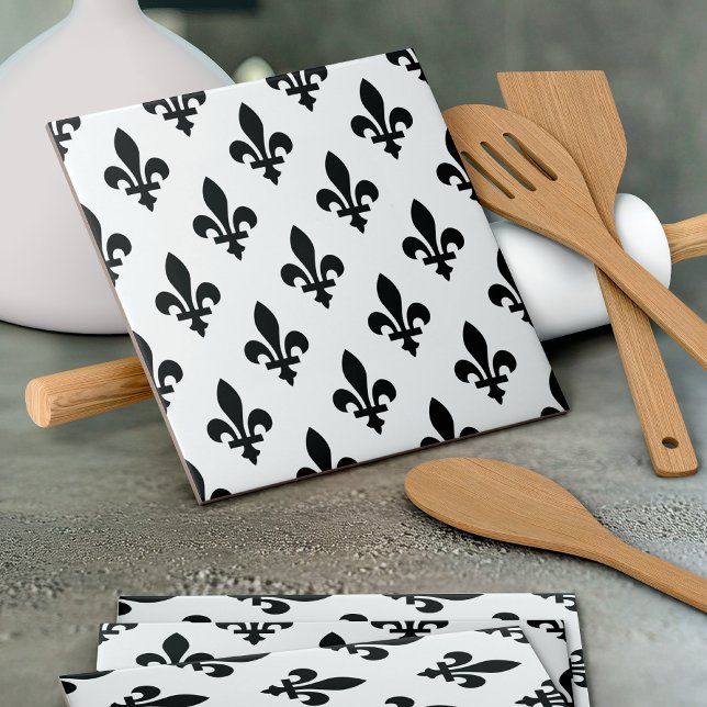 Fleur de Lis Pattern, Royal French, Black on White Ceramic Tile (Creator Uploaded)