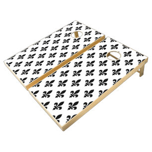Fleur de Lis Pattern, Royal French, Black on White Cornhole Set
