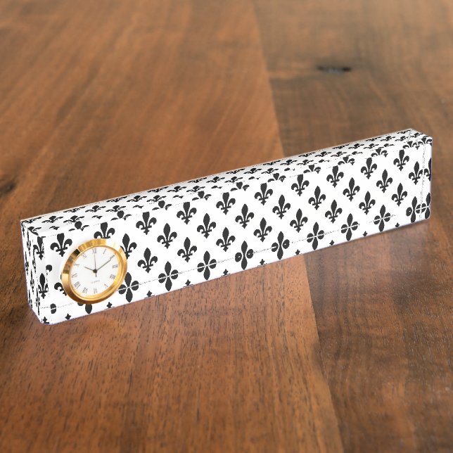 Fleur de Lis Pattern, Royal French, Black on White Desk Name Plate (Side)