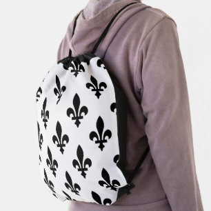 Fleur de Lis Pattern, Royal French, Black on White Drawstring Bag