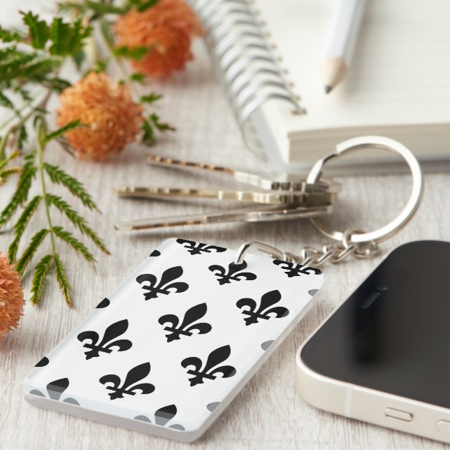 Fleur de Lis Pattern, Royal French, Black on White Keychain (Front Right)