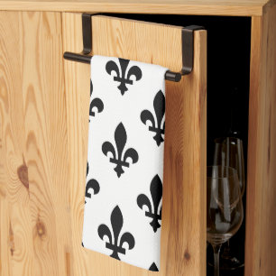 Fleur de Lis Pattern, Royal French, Black on White Kitchen Towel
